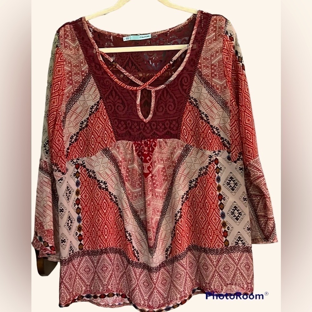 Maurices Red and Cream Patterned Boho Blouse